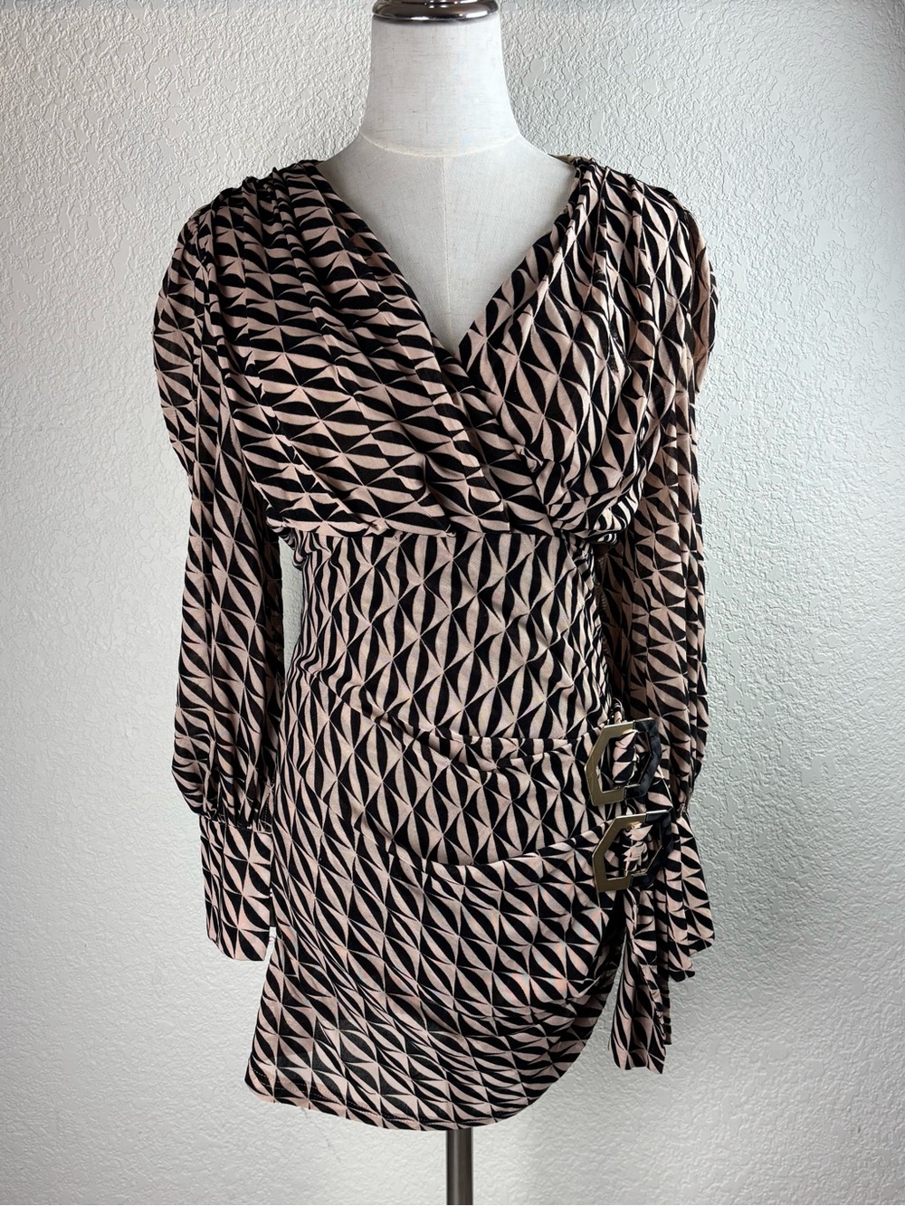 Geometric Print Mini Dress in Blush and Black